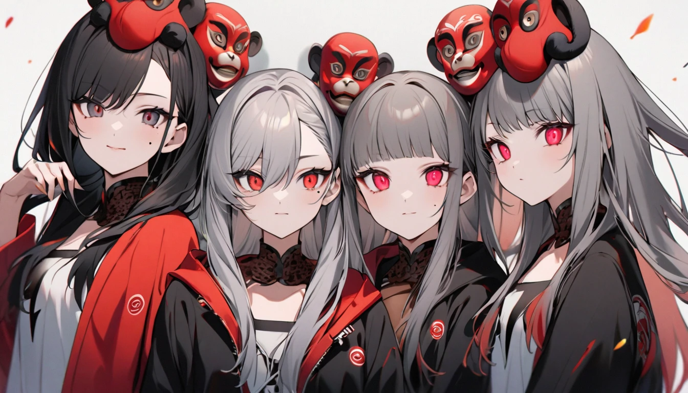 1Teenage girl characters。gray hair color、Glowing red eyes、Long Hair、There is a mole under the left eye。Without background、Depict people only。Wearing a monkey mask