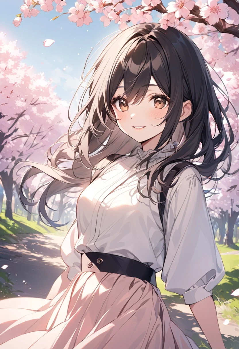A young woman with long, silky black hair and big, expressive brown eyes. She has a delicate, fair complexion and a radiant smile. She is dressed in a fashionable yet simple outfit, featuring a white blouse and a pastel-colored skirt. The background is a scenic outdoor setting with cherry blossom trees in full bloom.
