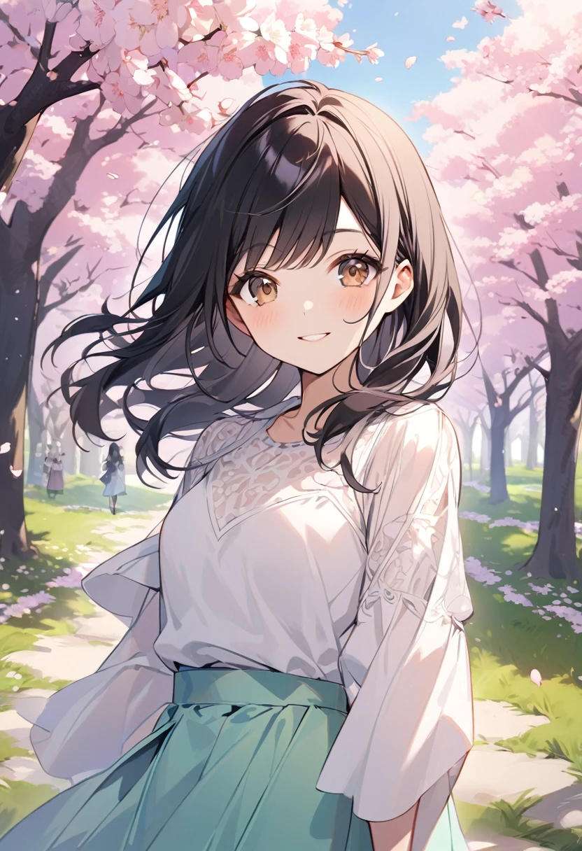 A young woman with long, silky black hair and big, expressive brown eyes. She has a delicate, fair complexion and a radiant smile. She is dressed in a fashionable yet simple outfit, featuring a white blouse and a pastel-colored skirt. The background is a scenic outdoor setting with cherry blossom trees in full bloom.