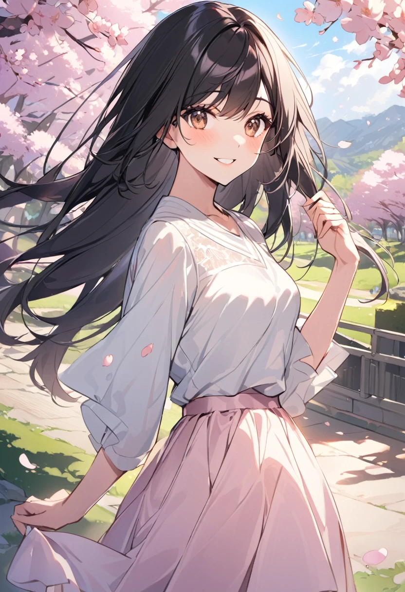A young woman with long, silky black hair and big, expressive brown eyes. She has a delicate, fair complexion and a radiant smile. She is dressed in a fashionable yet simple outfit, featuring a white blouse and a pastel-colored skirt. The background is a scenic outdoor setting with cherry blossom trees in full bloom.