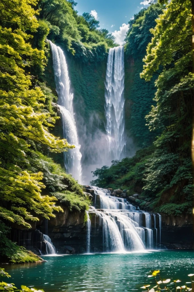 a longing with golden wings flying in a waterfall surrounded by trees and white roses
