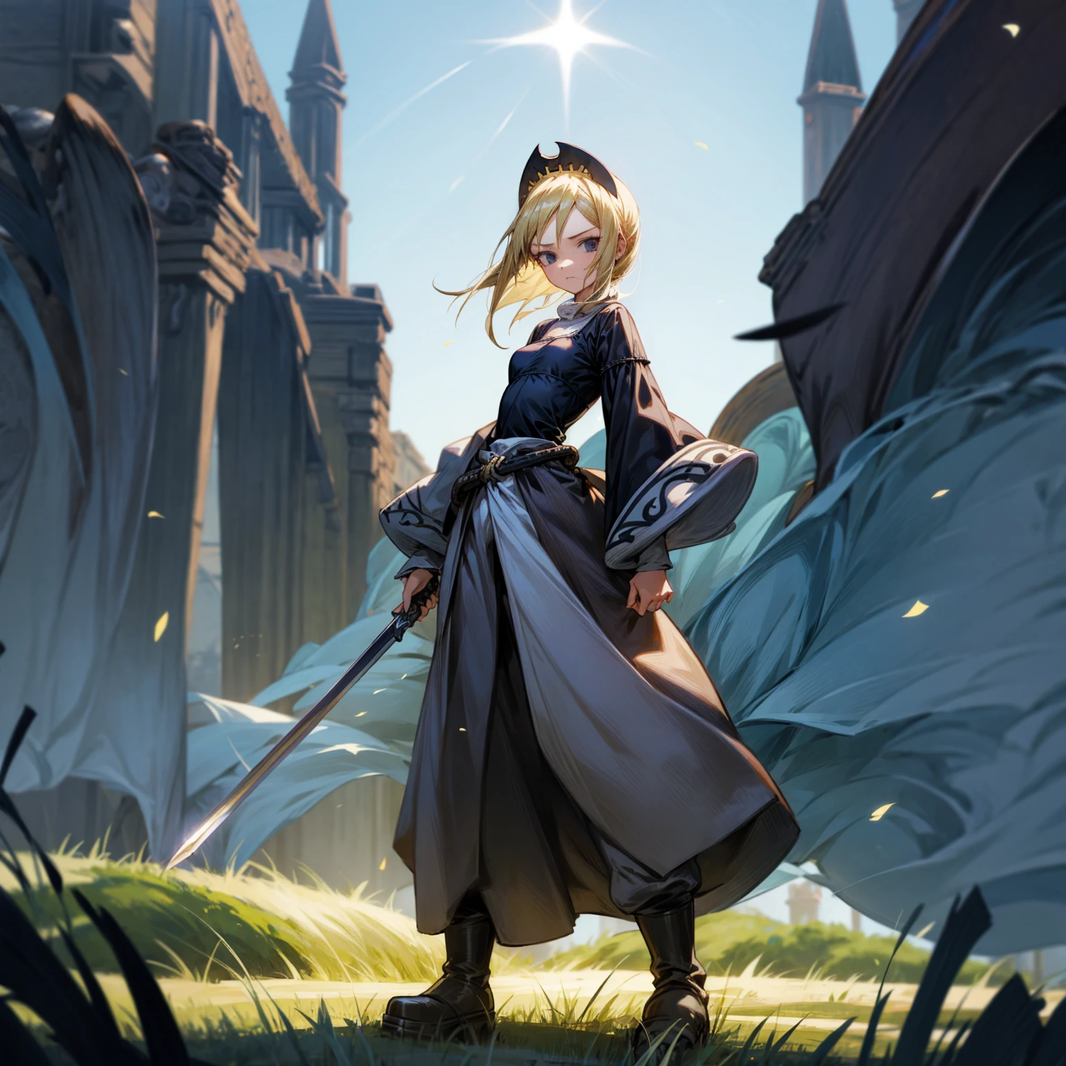 1girl, Full body version, 1character, black eyes, long Frizzy haircut, blonde colour hair, medieval clothing, long pants, headband, boots, Grassroots, full background in field town, motion blur, lighting, (one piece art), standing poses, sword in hand
