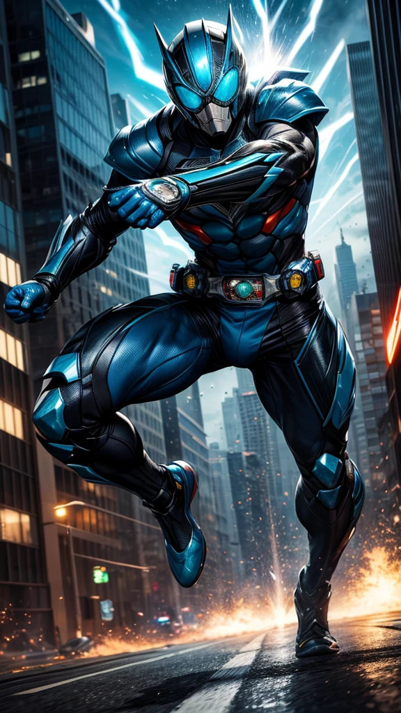 (masterpiece, Best image quality),One boy, Kamen Rider, A hero based on white and blue, (Dynamic pose | Element Surround:1.2), Super detailed, Big city background, intense, shock wave, Outdoor, Speedster, Running at high speed
