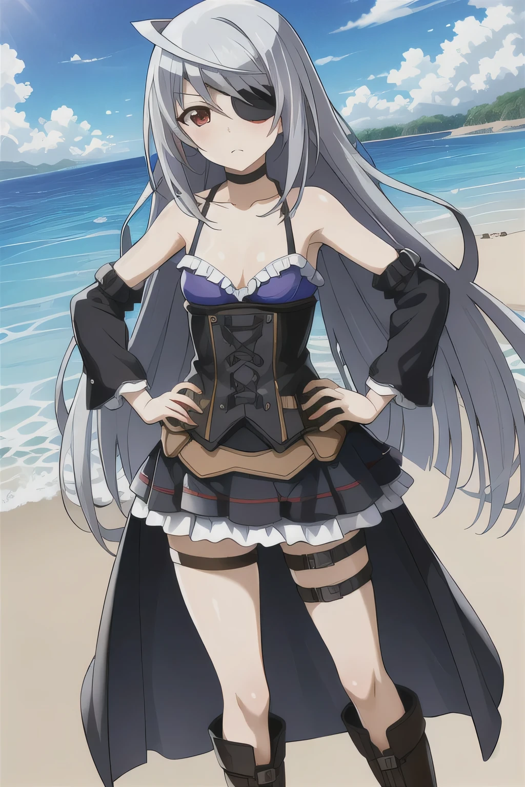 ((masterpiece)),((Highest quality)),Very detailed,Awareness-raising,Explicit,beautiful body,beautiful Nose,beautiful character design,Perfect Eyes,Perfect Face,wallpaper,Ultra-high resolution,4K,photograph,(beautiful,Small breasts:1.2),(beautiful顔:1.2),Beautiful feet,Perfect Legs,Glowing Skin,Browsing Caution,Official Style,Official art,Anime screenshots,Anime Coloring,
One girl, Laura Bodewig, alone, Eye patch, Red eyes,Long Hair, Grey Hair, Hands on hips, boots, skirt, holster,choker, Thigh straps, whole body, dress, Are standing, rainbow, shirt, thigh holster, View your viewers, corset, clavicle, purple shirt, Exposing shoulders, Frills, casual, very Long Hair, Alternative costume,whole body,(Outdoor,blue sky,White cloud,Beach,coastal,seawater:1.2)