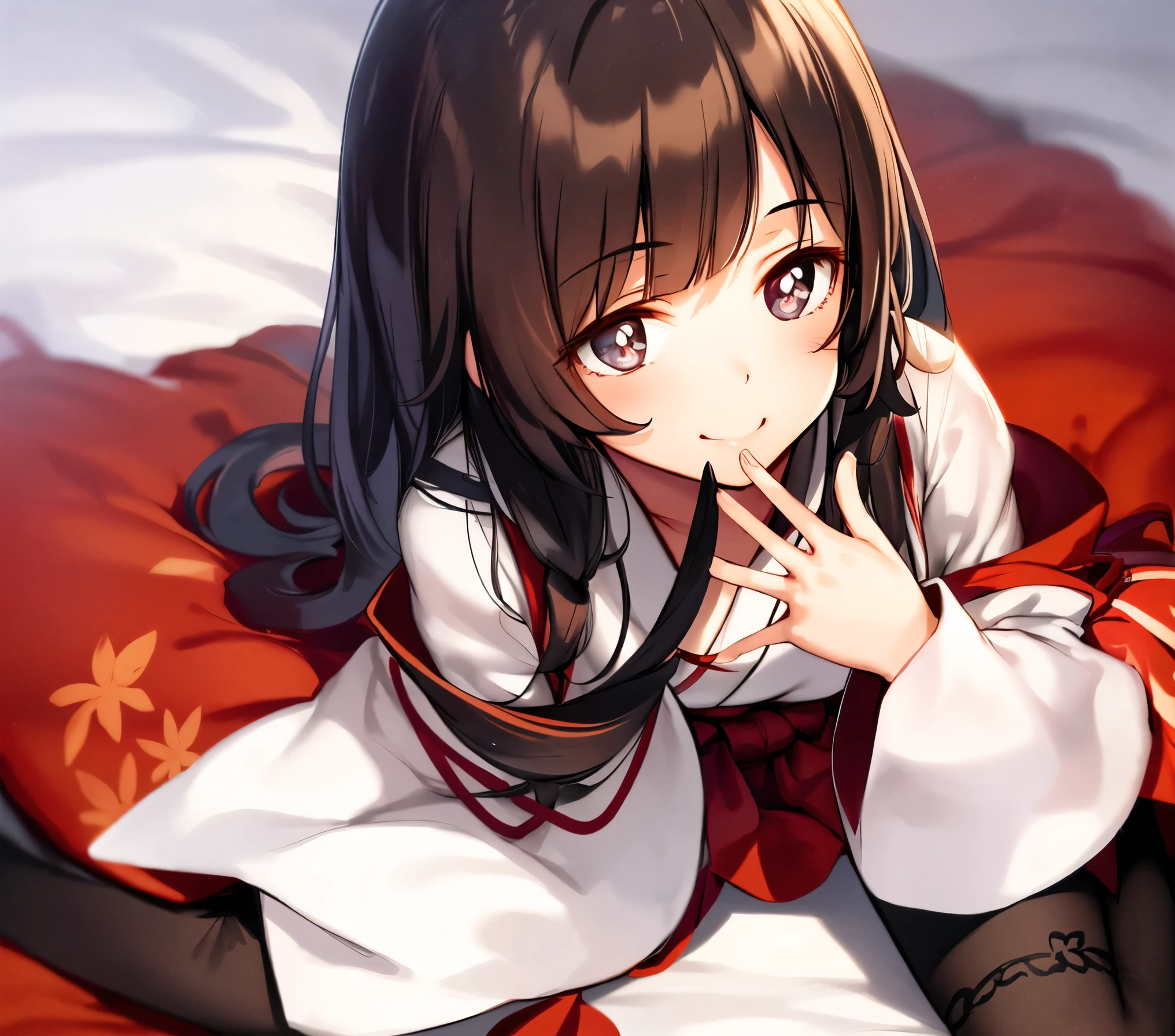 masterpiece，Best quality，Best shadow，Japanese anime style，1 Girl，Dark brown hair，Brown pupils，Lace tights，Nature，Fluffy，8k wallpaper，Blushing smile，silence，Extremely delicate fingers，Beautiful fingers