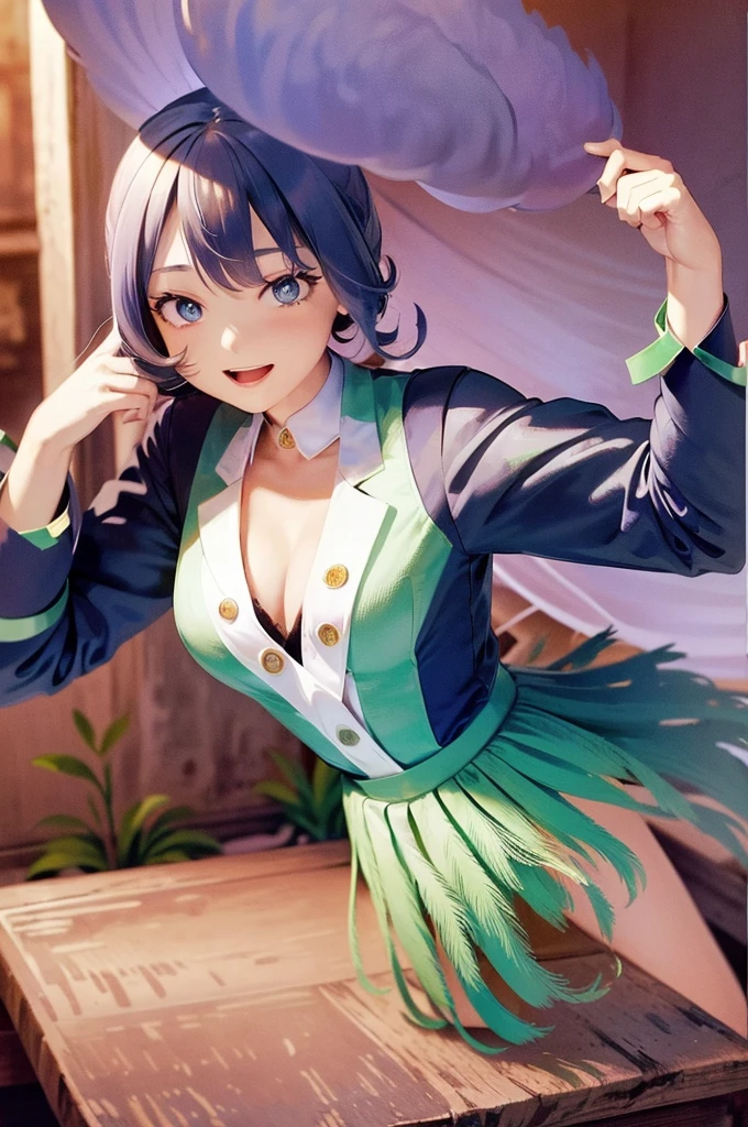 ((absurdres)), (((best Quality))), ((ultra detailed)), ((illustration)), full resolution, hdr, 8k, 16k, (Masterpiece, Best quality:1.4), (Beautiful, Aesthetic, Perfect, Intricate:1.2), (ultra resolution:1.2), (ultra detailed), 1girl, nejire hado, periwinkle hair, drill hair, bangs, blue eyes, white button up shirt, grey blazer jacket, grey skirt, , ((upper body)), studio lighting, (((medium breasts))), ((happy))
