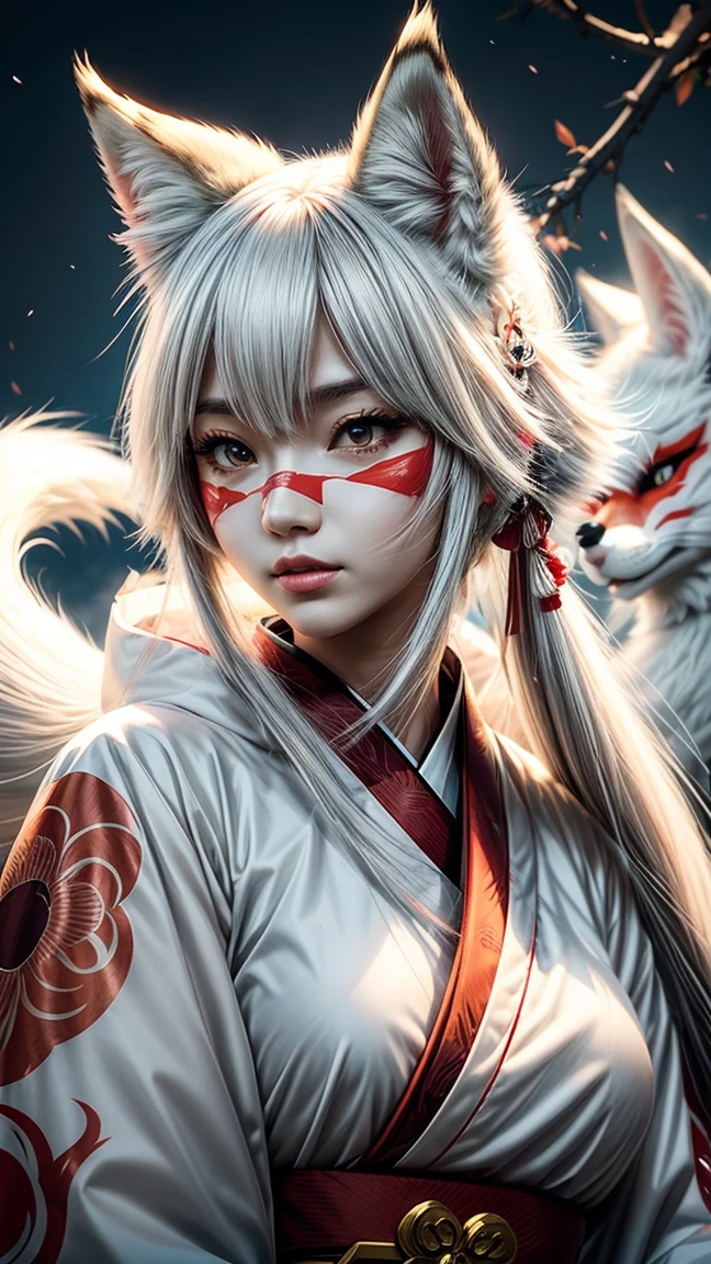 Anime girl with white fox mask and red kimono, with kitsune fox mask, Kitsune Mask on head, Beautiful fox, Kitsune Mask, Beautiful kitsune woman, narrow, White-haired fox, wearing a Kitsune Mask, beautiful anime foxgirl, Amaterasu, Ruponmyoji, white fox anime, From Arknights