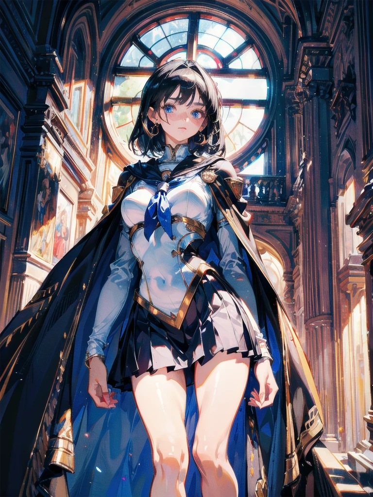 absurdres, RAW photo, extremely delicate and beautiful, masterpiece, Best Quality, ultra high resolution, 32k, hyperrealistic, ultra-detailed, perfect anatomy, anatomically correct, perfect figure, Perfect Style, Perfect balance, super Detailed skin, in her 20s, very Slim body, narrow waist, very small head, very small face, delicate facial features, handsome detailed woman, very detailed eyes and face, realistic face proportions, Realistic beautiful face, Realistic beautiful eyes, tearful mole, earring, very huge round breasts, whole body shot, whole legs, medium hair, asymmetrical hair, indoor, (school_uniform:1.2), cape,