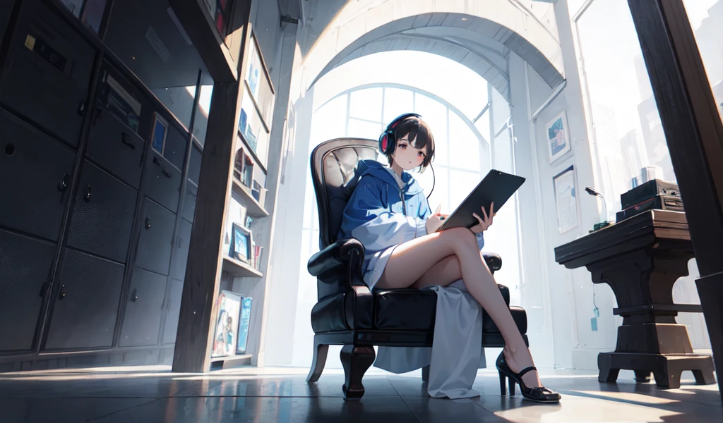 Wizard sitting in a chair，Wearing headphones, With the sound of music,  listen to music, Relaxation concept art,  relax, Lowe Atmosphere, 神聖なlisten to music, relaxing environment, Lofi Art, relaxした雰囲気, Portrait of Rofi, Lo-fi aesthetic，Bright，Fresh and elegant style，Color Art，white，white Space。figure，comics。