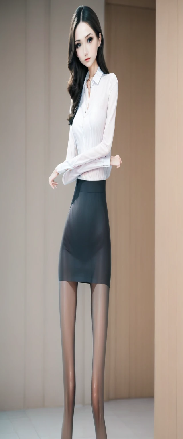 Very Very thin anorexia long elongated body. Very thin, Unrealistic long and slender legs in pantyhose. Very beautiful cute real face,.