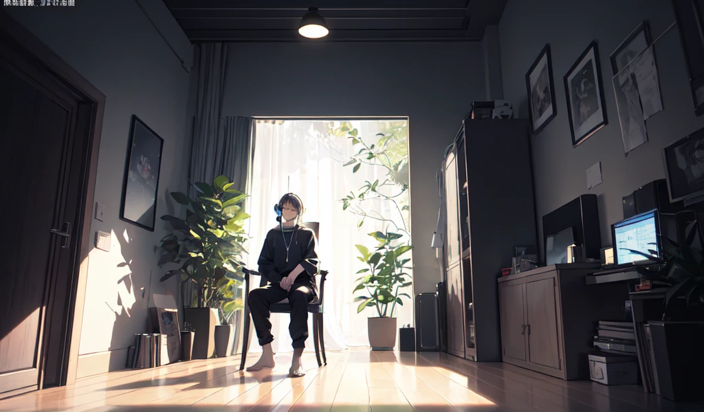 Wizard sitting in a chair,Wearing headphones, With the sound of music, listen to music, Relaxation concept art, relax, Lowe Atmosphere, 神聖なlisten to music, relaxing environment, Lofi Art, relaxした雰囲気, Portrait of Rofi, Lo-fi aesthetic,Bright,Fresh and elegant style,Color Art,white,white Space。figure,comics。