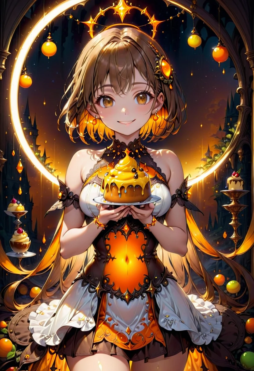 High resolution, high quality, High-resolution model, High detail, Very detailed, (Slim figure:1.5), (Fantasy atmosphere:1.3), (Waist up shot:1.3), (Have a pudding:1.3),goddess, Girl, Very Short Hair, Straight Hair, smile, Happy face, Brown eyes, Gradient eyes, Front shot, Her hair is orange on top and brown on the bottom., Mysterious Circlet of Light, Neon-like earrings, White dress, mini skirt, Shiny yellow and orange gothic ornaments on the costume, A mysterious ring of light in the background extends off-screen, Mysterious light in the background, The background is yellow, orange and brown, Artistic background with various sweets as a theme