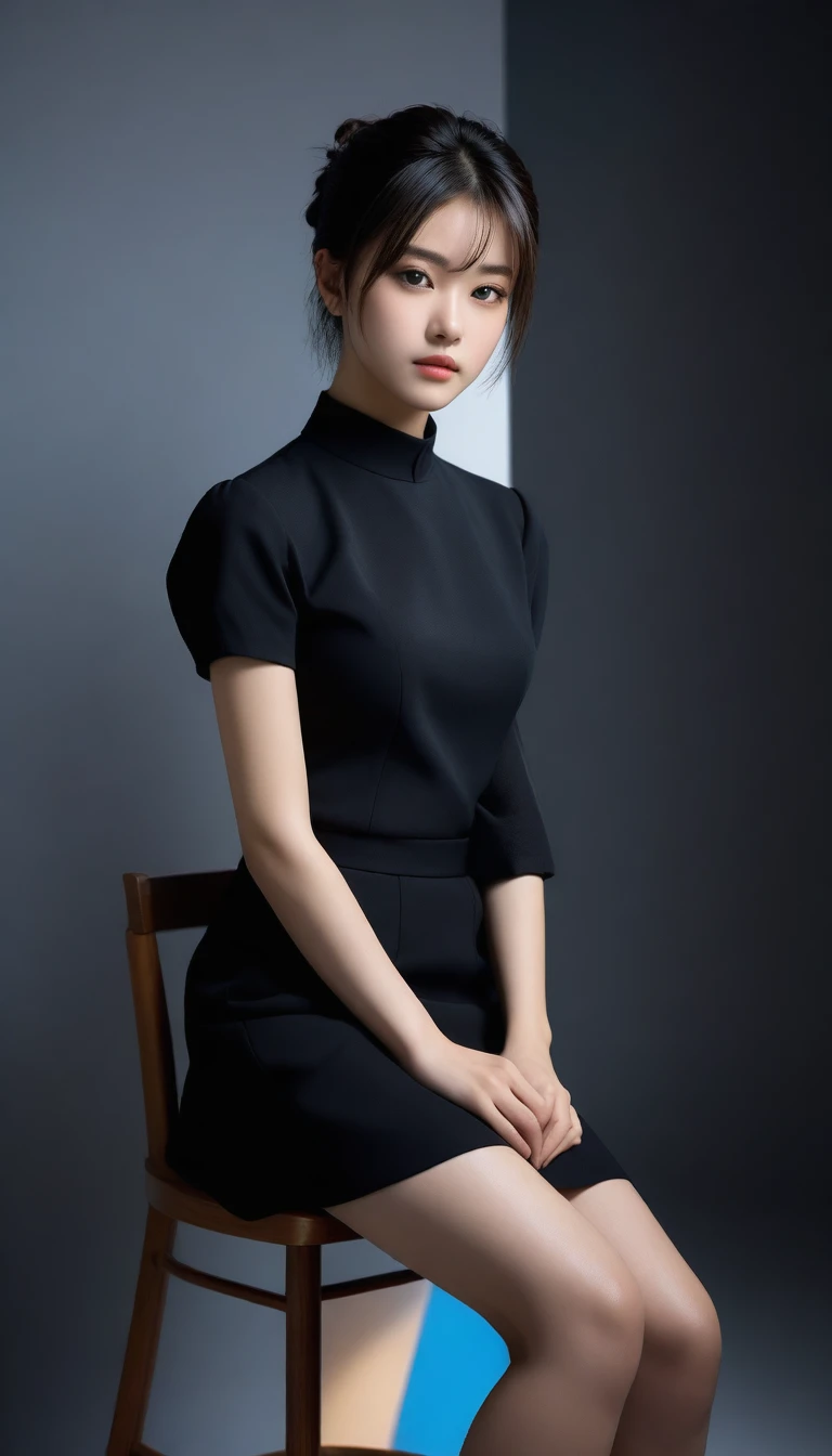 8k, Ultra-high resolution, Highest quality, masterpiece, 三分割法によるphotograph,Surreal, photograph, 1 Girl, (:1.3), pretty girl, Cute Face, Beautiful eyes in every detail, 細かくdetailedに,masterpiece,One Girl:1.2, Young Wife,full body,sad,streaming tears,Black short hair,Messy bun hair,(black suit:1.3),Nun's clothing,Black Pencil Skirt,(印象派の美しい少女のPortraiture), (Gray background:1.3),(Impressionist light and colour),Dedication to God,Sit in a tall chair,Black Stockings,Stiletto pumps,Realistic Skin, Perfect and beautiful face ,完璧でCute Face, Skin with attention to detail, Perfect limbs、Narrow waist,Looking at the audience、beauty,Long neck,clavicle,(((Ideal body type))),A cup small breasts :2,Portraiture:2,Perfect Anatomy,鮮明なdetailed,detailed,Surreal,Light and shadow,spotlight