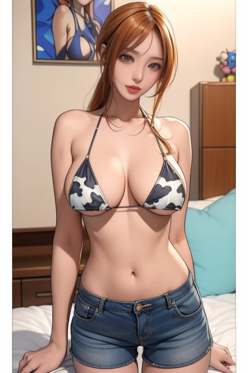 (masterpiece, Highest quality), Woman wearing cow print micro bikini top and micro bikini shorts:1.9, Pointed nipples:1.9, Anime drawings inspired by Masamune Shirow, Pixiv, Self-sastructing art, Enchanting anime girl, Nami One Piece, , Nami from One Piece:1.9, Pixiv 3dcg, I also make fan art,