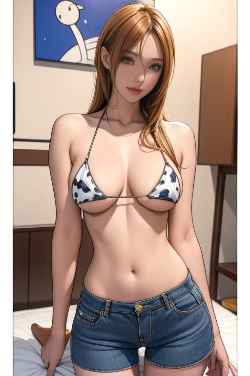 (masterpiece, Highest quality), Woman wearing cow print micro bikini top and micro bikini shorts:1.9, Pointed nipples:1.9, Anime drawings inspired by Masamune Shirow, Pixiv, Self-sastructing art, Enchanting anime girl, Nami One Piece, , Nami from One Piece:1.9, Pixiv 3dcg, I also make fan art, 