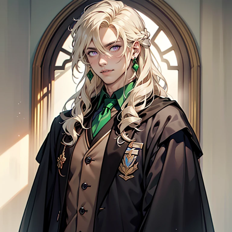 ((masterpiece)), (((best quality))), solo, 1 male, wizard, pale white skin, white-blonde hair, long hair, curly hair, handsome man, bright purple eyes, tall, Slytherin uniform with black robes, simple earrings, highest quality, highly detailed, original, high resolution CG Unit 8k wallpaper, (best quality, artwork, masterpiece, 4k)