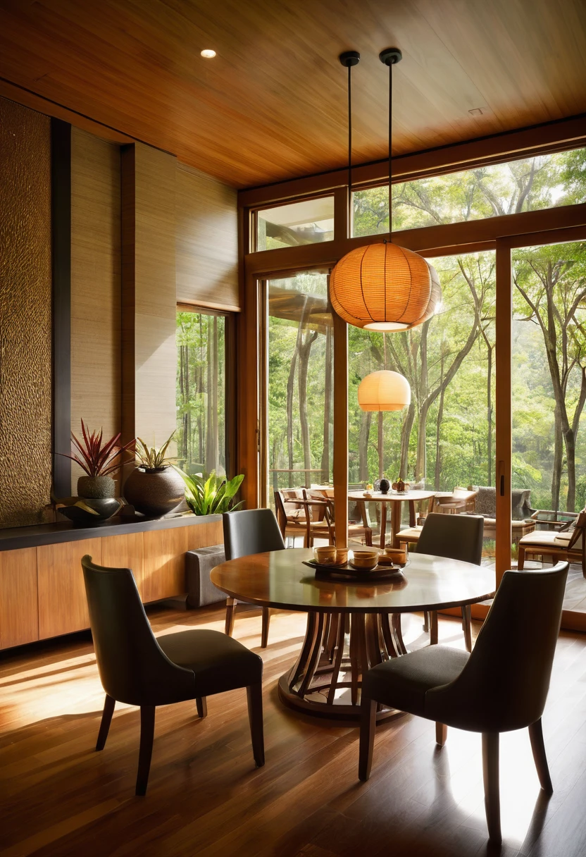 Interior design, amazingly detailed wide angle architectural photography, cozy designer living room (warm bright sunlight 1:0.1), award-winning contemporary interior design, landscape, table, chair, interior, hardwood floor, window, restaurant, east asian architecture, sliding doors, lamp, architecture, forest, nature, cup, plant, INTERIOR DESIGN, interesting lights and shadows, depth of field