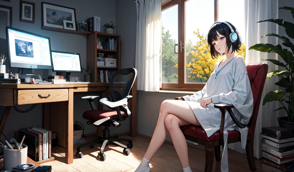 Wizard sitting in a chair,Wearing headphones, With the sound of music, listen to music, Relaxation concept art, relax, Lowe Atmosphere, 神聖なlisten to music, relaxing environment, Lofi Art, relaxした雰囲気, Portrait of Rofi, Lo-fi aesthetic,Bright,Fresh and elegant style,Color Art,white,white Space。figure,comics。