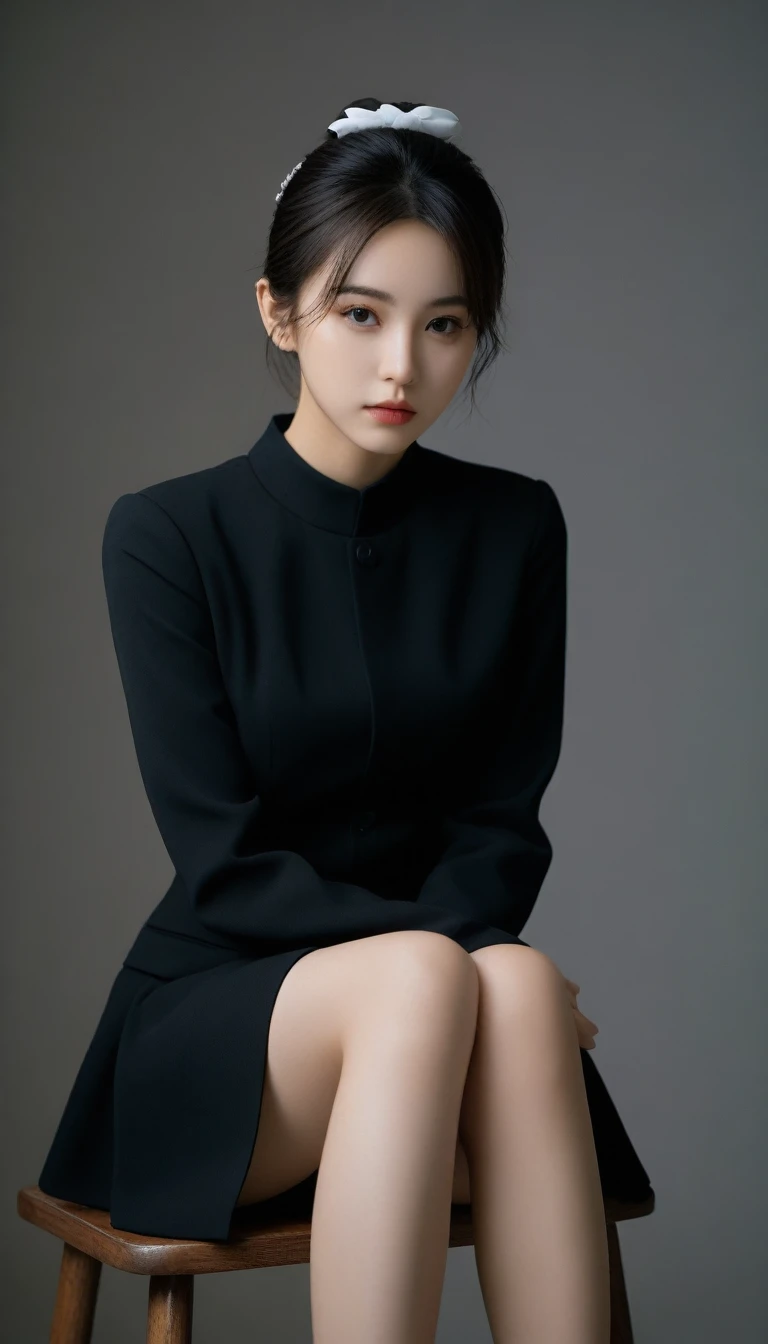 8k, Ultra-high resolution, Highest quality, masterpiece, 三分割法によるphotograph,Surreal, photograph, 1 Girl, (12 years old:1.3), pretty girl, Cute Face, Beautiful eyes in every detail, 細かくdetailedに,masterpiece,One Girl:1.2, Young Wife,full body,sad,streaming tears,Black short hair,Messy bun hair,(black suit:1.3),Nun's clothing,Black Pencil Skirt,(印象派の美しい少女のPortraiture), (Gray background:1.3),(Impressionist light and colour),Dedication to God,Sit in a tall chair,Black Stockings,Stiletto pumps,Realistic Skin, Perfect and beautiful face ,完璧でCute Face, Skin with attention to detail, Perfect limbs、Narrow waist,Looking at the audience、beauty,Long neck,clavicle,(((Ideal body type))),A cup small breasts :2,Portraiture:2,Perfect Anatomy,鮮明なdetailed,detailed,Surreal,Light and shadow,spotlight