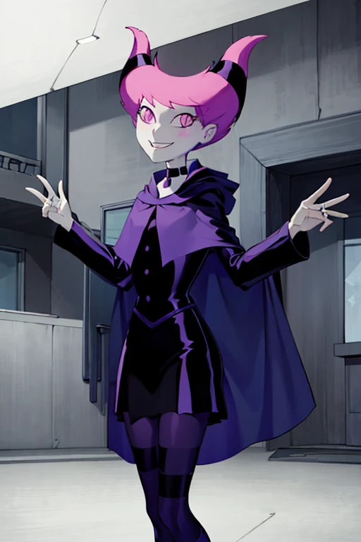 ((masterpiece,best quality)), absurdres, Jinx_TeenTitans,   1girl, solo, pink eyes, pink hair, grey skin, hair up, pale skin, medium hair, hair horns, choker, striped pantyhose, cloak, cape, black dress, jewelry,  solo, smiling, looking at viewer, cowboy shot,