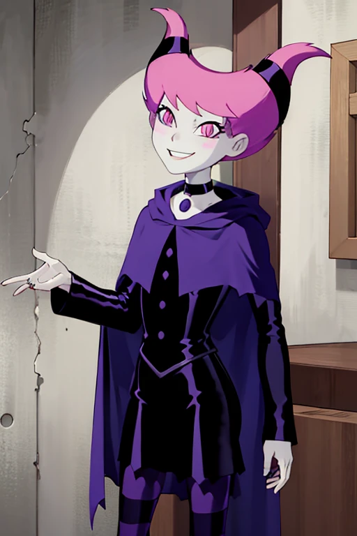 ((masterpiece,best quality)), absurdres, Jinx_TeenTitans,   1girl, solo, pink eyes, pink hair, grey skin, hair up, pale skin, medium hair, hair horns, choker, striped pantyhose, cloak, cape, black dress, jewelry,  solo, smiling, looking at viewer, cowboy shot,