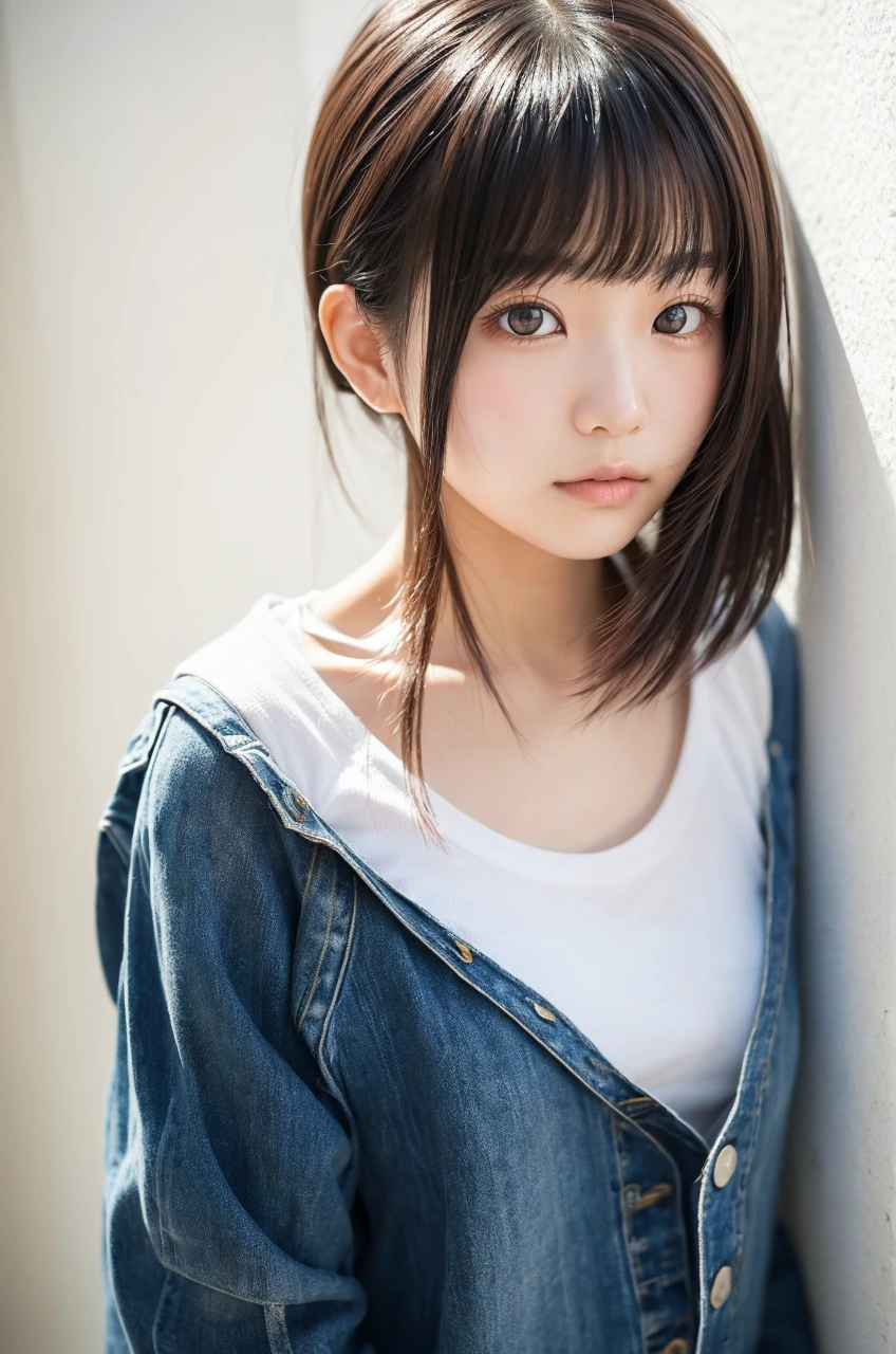 18 year old Japanese girl, very cute fashion model. Her hair color is dyed to match the fashion, and her hairstyle is Short. The photo style is cinematic, with soft natural lighting to enhance the natural look. The background is a white wall. --ar 2:3 --style raw --v 6.0