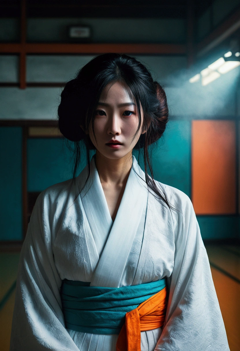 Sadako、White kimono、The face is hidden by the hair、A dark and dilapidated gymnasium、Photorealistic、Trending on Art Station、Stunning visuals、Thick Fog、creative、Cinematic、Super detailed、Atmospheric、Ambient Lighting、Scary Art、low quality、Heavy film grain、Low saturation、Orange Teal Hue