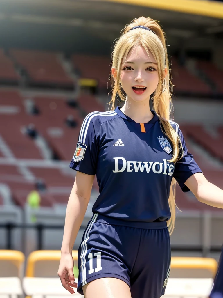 (Highest quality、8k、32K、masterpiece)、(Realistic)、(Realistic:1.2)、(High resolution)、Very detailed、Very beautiful face and eyes、1 girl、Round and small face、Tight waist、Delicate body、(close、Highest quality、Attention to detail、Rich skin detail)、(Highest quality、8k、Oil paints:1.2)、(Realistic、Realistic:1.37)、Bright colors、(((blonde)))、(((Cowboy Shot)))、(((Long Hair)))、(((ponytail)))、(((Football Stadium)))、(((Enthusiastic audience)))、(((Open your mouth)))、(((Laughter)))、(((blonde)))、(((Soccer uniforms)))、(((青と白のSoccer uniforms)))、(((There are no lines on the sleeves)))、(((Short sleeve uniform)))
