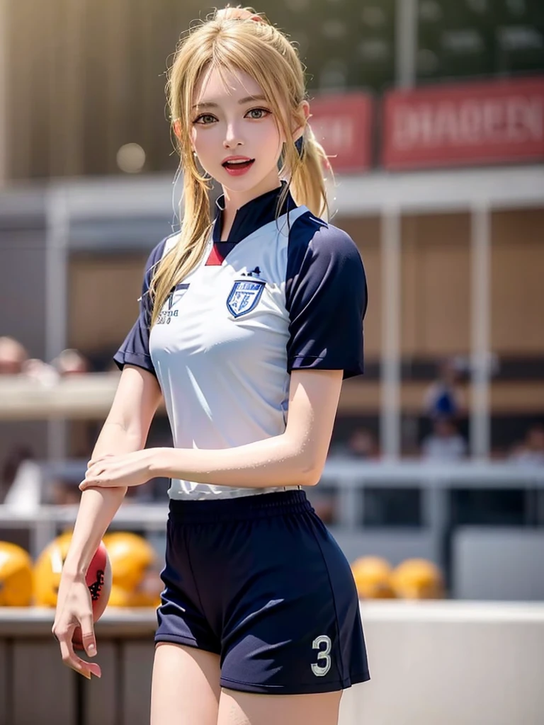 (Highest quality、8k、32K、masterpiece)、(Realistic)、(Realistic:1.2)、(High resolution)、Very detailed、Very beautiful face and eyes、1 girl、Round and small face、Tight waist、Delicate body、(close、Highest quality、Attention to detail、Rich skin detail)、(Highest quality、8k、Oil paints:1.2)、(Realistic、Realistic:1.37)、Bright colors、(((blonde)))、(((Cowboy Shot)))、(((Long Hair)))、(((ponytail)))、(((Football Stadium)))、(((Enthusiastic audience)))、(((Open your mouth)))、(((Laughter)))、(((blonde)))、(((Soccer uniforms)))、(((青と白のSoccer uniforms)))、(((There are no lines on the sleeves)))、(((Short sleeve uniform)))