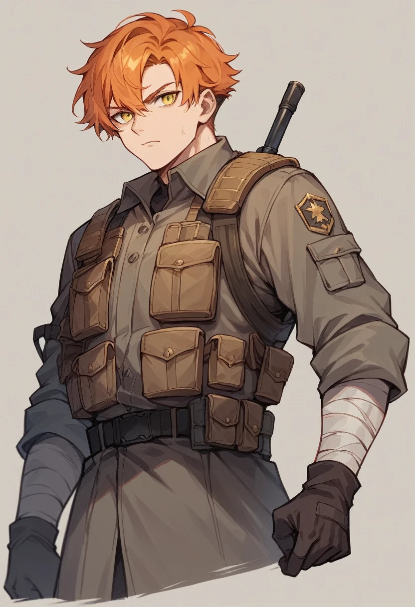 Male soldier, orange hair, yellow eyes, medium length hair