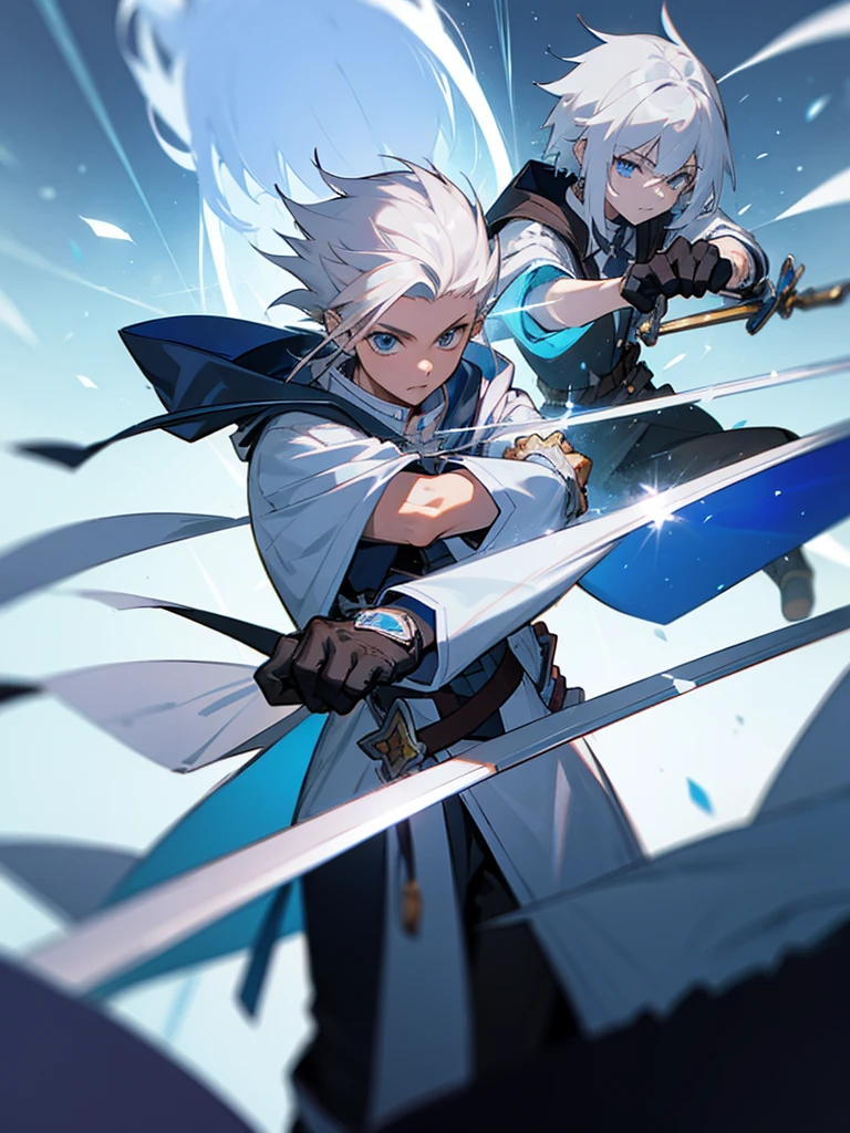 Wizard a young man, he has a silver hair and blue eyes, he wear a hood and wear gloves ,sword.
