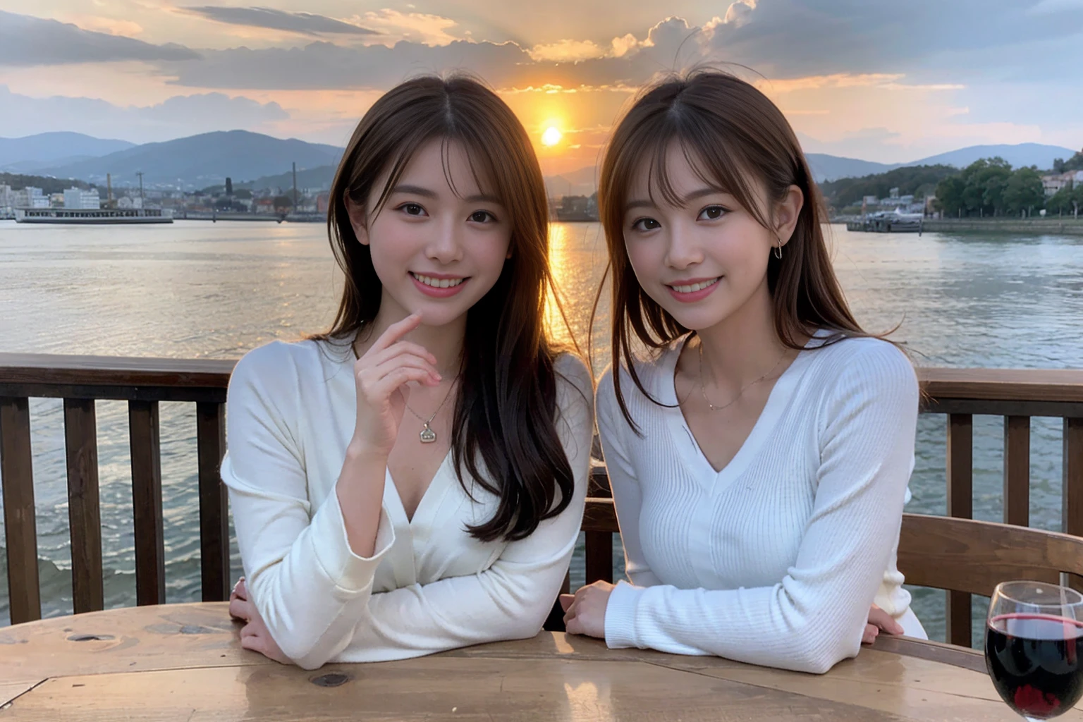 ((Highest quality、、masterpiece:1.3))、1 male、1 female,36 years old 39 years old、Slim Beauty、Beautiful couple、Upper Body、smile、 (Slim face), (The body is スリム), (Brown Hair), (Shortcuts), テーブルのフルコースディナーとwine glass、Amazing view of the sunset sky and clouds、smileの美しさ、Wine bottle、sparkling wine、Long sleeve shirt、dress、White wine, red wine, wine glass, Beautiful fine grain, Depth f/2,saturation, High Contrast, Strong light and shadow,Moist Body:1.5、 texture、The hair is very shiny、