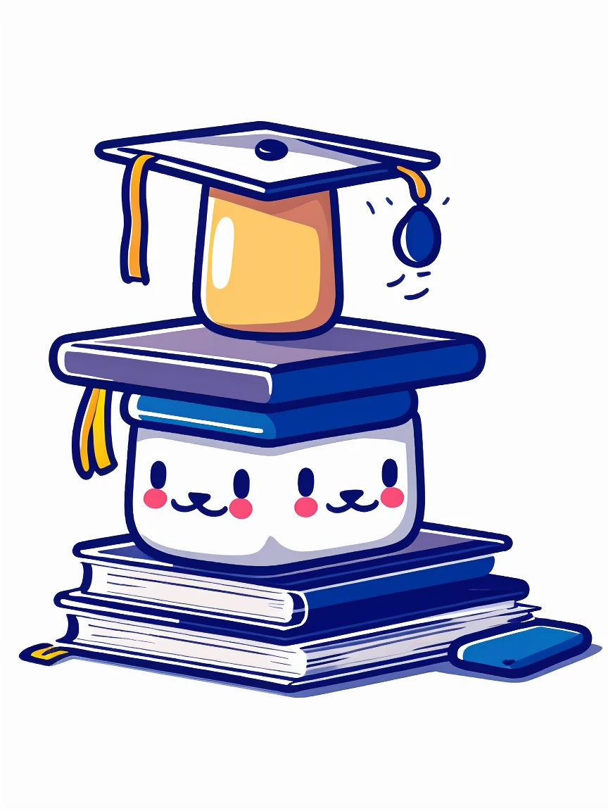 masterpiece，Best quality，Graffiti style，icon design，Animated Characters，Graduation cap，books，cute，illustration，Soft colors，Smile，Learning philosophy，Educational topics，Characters in the book，Book pile，Floating coins