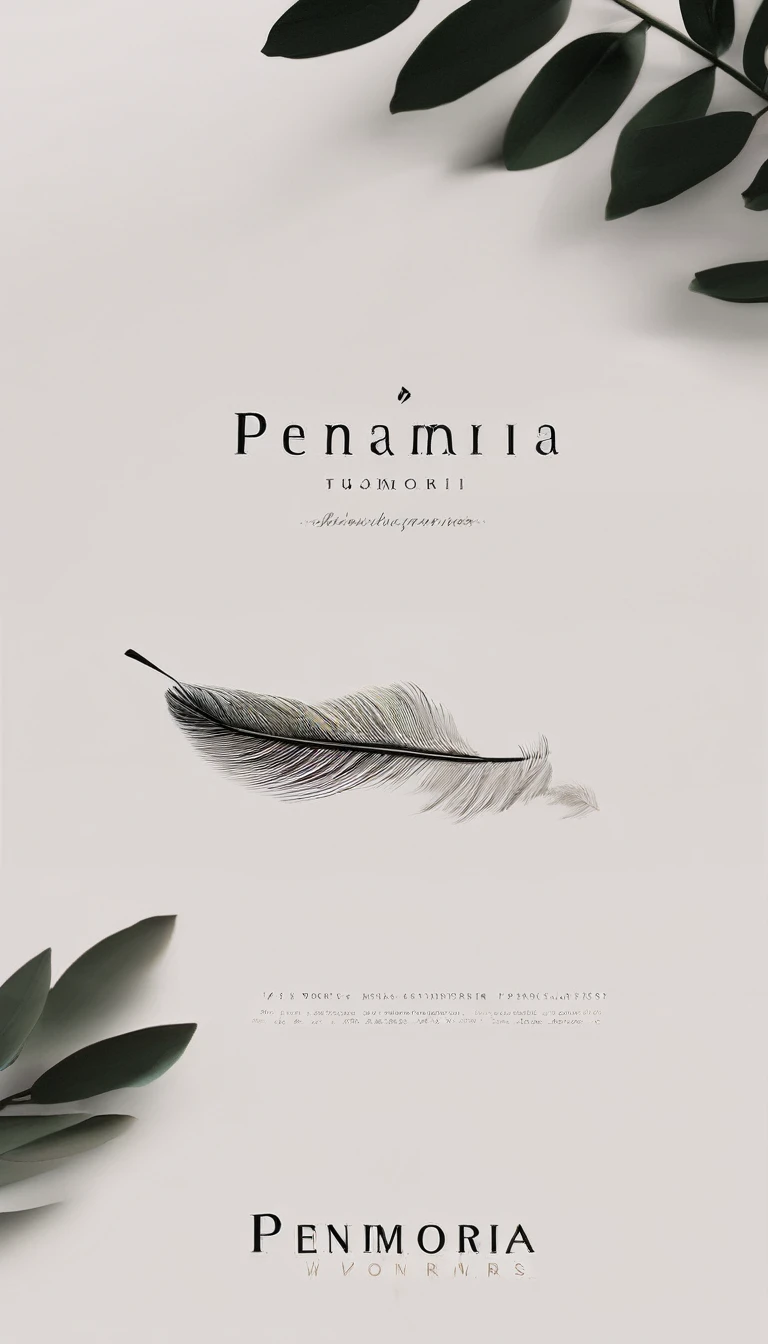 A minimal, modern, simple, cinematic logo design for the brand “Penamemoria". Create a modern, minimalistic, high-quality, logo of a dreamy. fantastic, poetic, masterpiece feather of Memories