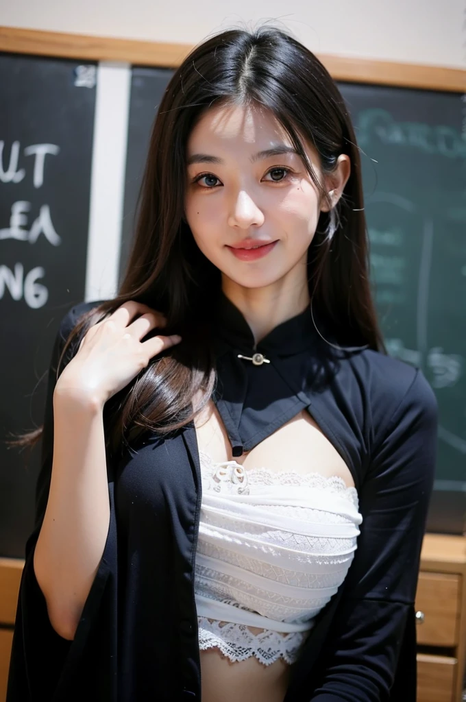 A 30-year-old Chinese female teacher,beauty, Smile,Black long hair shawl, Wearing a business suit