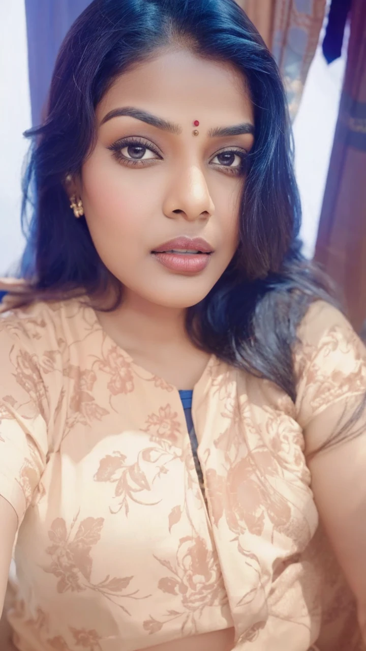 Cute 30 year indianwoman, brown eyes, black hair, highly detailed wearing blue low waist saree