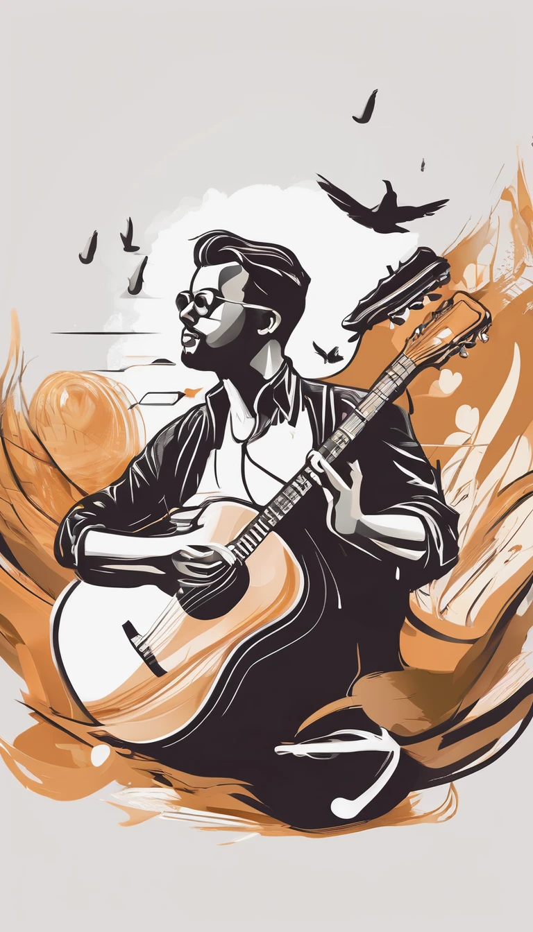 Create a minimal, modern, simple, inspirational, memorable, dream like logo design of a boy playing acoustic guitar to a feather for the brand “Penamemoria". The logo design must convey a sense of storytelling, cinematic storytelling, stories and dreams. Logo design impressed on a book cover