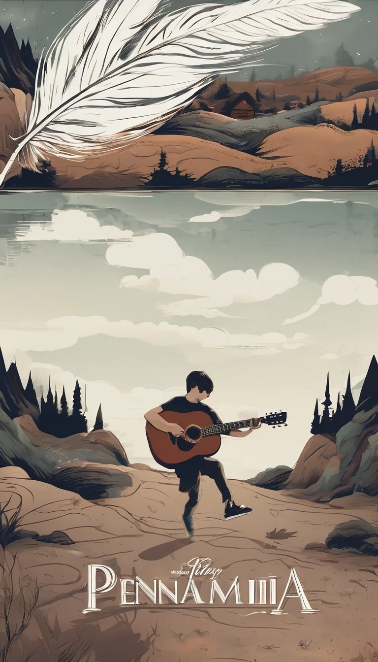 Create a minimal, modern, simple, inspirational, memorable, dream like logo design of a boy playing acoustic guitar to a feather for the brand “Penamemoria". The logo design must convey a sense of storytelling, cinematic storytelling, stories and dreams. Logo design impressed on a book cover