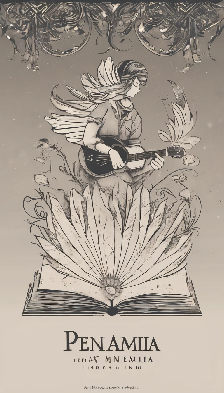 Create a minimal, modern, simple, inspirational, memorable, dream like logo design of a boy playing acoustic guitar to a feather for the brand “Penamemoria". The logo design must convey a sense of storytelling, cinematic storytelling, stories and dreams. Logo design impressed on a book cover