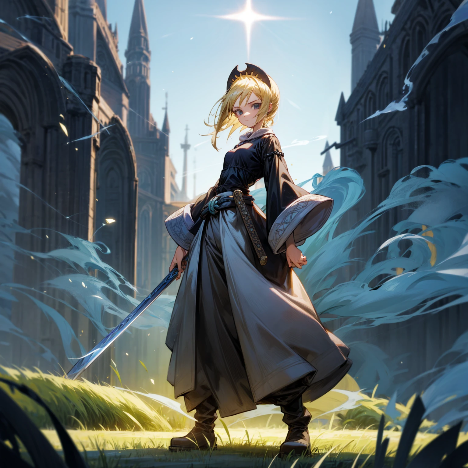 1girl, Full body version, 1character, black eyes, long Frizzy haircut, blonde colour hair, medieval clothing, long pants, headband, boots, Grassroots, full background in field town, motion blur, lighting, (one piece art), standing poses, sword in hand, blue smoke on background