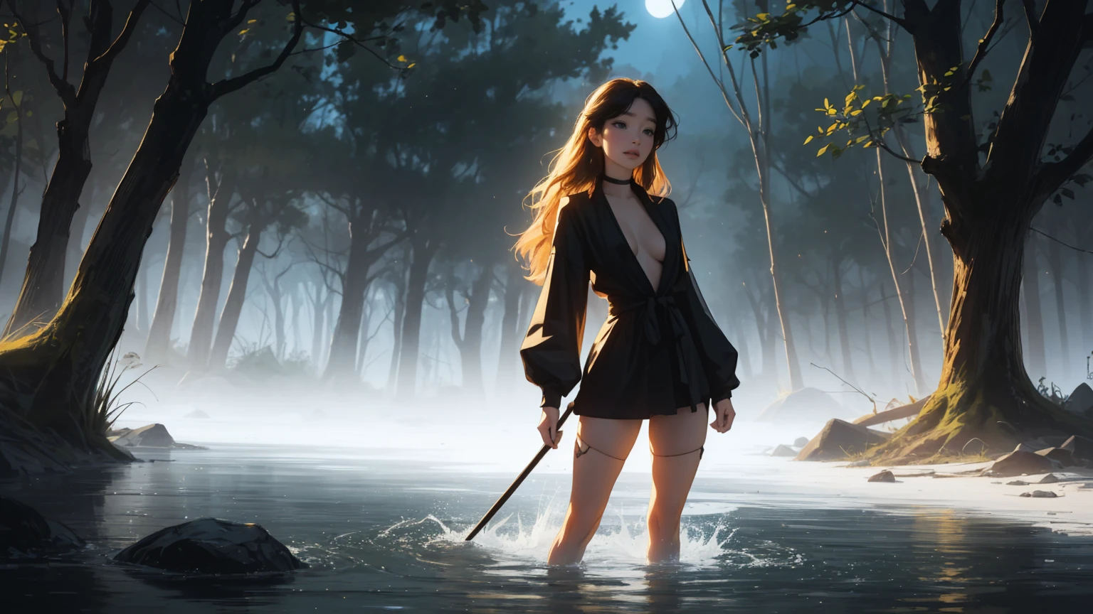 masterpiece, Best quality, 1 girl,((​masterpiece)), (best quality),, Natural river in ancient forest, mirror reflection on the river, naked lady, gorgeous beautiful face, stripped with leaves and splashes of water, black makeup and black lipstick, dark atmosphere, Concept art by Vadim Kashin, Artgerm, Bow is on her back, shy, short, Full body view, Single person, only Single person in image, Full body view, Spiritual peace, golden ratio composition, cowboy shot, brilliant, brilliant hair, (night:1.2),Dreamy, [[gentle fingers and hands:0.55]::0.85],(detailed fingers),),(emotional),(breathtaking),(main part:1.2) whole body.), (Anime Style), (Super Detailed), (brutal), (uhd, HDR), (8k), (High Resolution: 1.2), (Complex and Beautiful: 1.2)