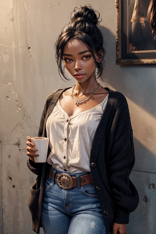black skin woman, short eyes, button nose, , black cardigan, western belt, jeans, cup B, thick lips, , 34 ages, put her hair up in a bun, pearl neckless, hollow cheeks, wide set eyes, small hip