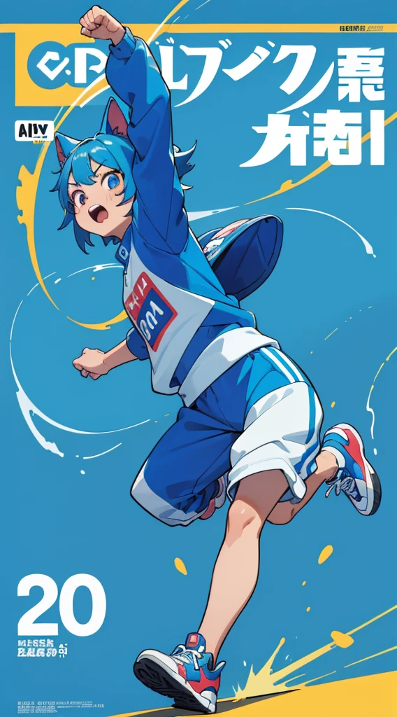 A bright blue dog-themed character, Wearing big sneakers, サイバーパンク, Magazine Cover, Simple Background, Running around, raised fist, projected inset, UHD, best quality, highres, 8k