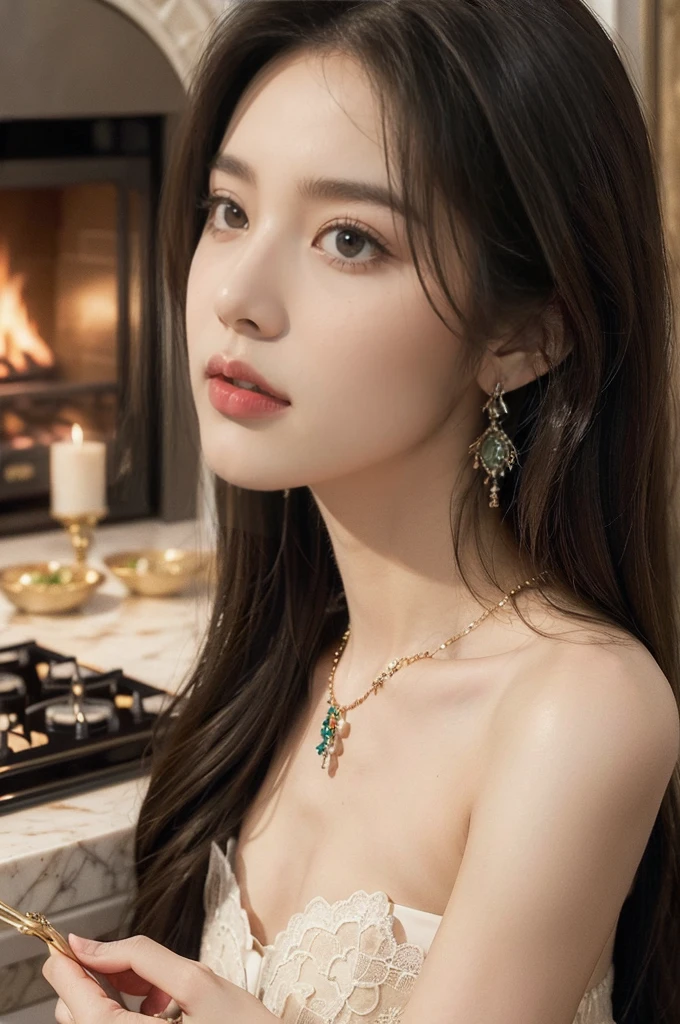 (((best quality))),(((ultra detailed))),(((masterpiece))),illustration,((1 beautiful girl,solo)),(shoulder length straight hair:1.2),((earrings,necklace)),((slim,thin)),((small breasts,flat chest)),(strapless luxurious lace bra:1.3),(sumptuous kitchen:1.3),window,bustling,metropolis,striking,delicate emerald eyes,mystery,allure,red lips,fair,complexion,sophistication,attire,exquisite,frame,plunging,intricate pattern,romance,elegance,walls,expensive,tiles,countertops,gleaming,marble,culinary,gadgets,organized,counter,aromatic,steam,simmering,stove,ambiance,(night scene:1.3),skyline,skyscrapers,distance,aglow,vibrant colors,contrast,serene,atmosphere,opulence,sophistication,light,shadow,vivid,interplay,experience,captivating,ambiance,(((from front,close-up of face)))
