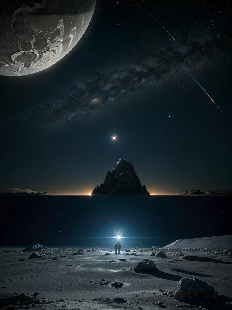 A futuristic space exploration scene set on a distant exoplanet. In the foreground, a sleek, advanced spacecraft is landed on the rocky surface, its metallic hull gleaming under the light of a distant star. Astronauts in cutting-edge space suits, equipped with advanced helmets and glowing visors, are conducting experiments and gathering samples. The landscape is alien yet beautiful, with towering, crystalline structures and a sky filled with multiple moons and distant galaxies. Nearby, a robotic rover is navigating the terrain, scanning and analyzing the environment. The atmosphere is filled with a sense of discovery and adventure, as humanity explores the uncharted territories of the universe.