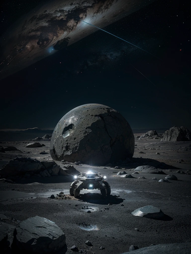 A futuristic space exploration scene set on a distant exoplanet. In the foreground, a sleek, advanced spacecraft is landed on the rocky surface, its metallic hull gleaming under the light of a distant star. Astronauts in cutting-edge space suits, equipped with advanced helmets and glowing visors, are conducting experiments and gathering samples. The landscape is alien yet beautiful, with towering, crystalline structures and a sky filled with multiple moons and distant galaxies. Nearby, a robotic rover is navigating the terrain, scanning and analyzing the environment. The atmosphere is filled with a sense of discovery and adventure, as humanity explores the uncharted territories of the universe.