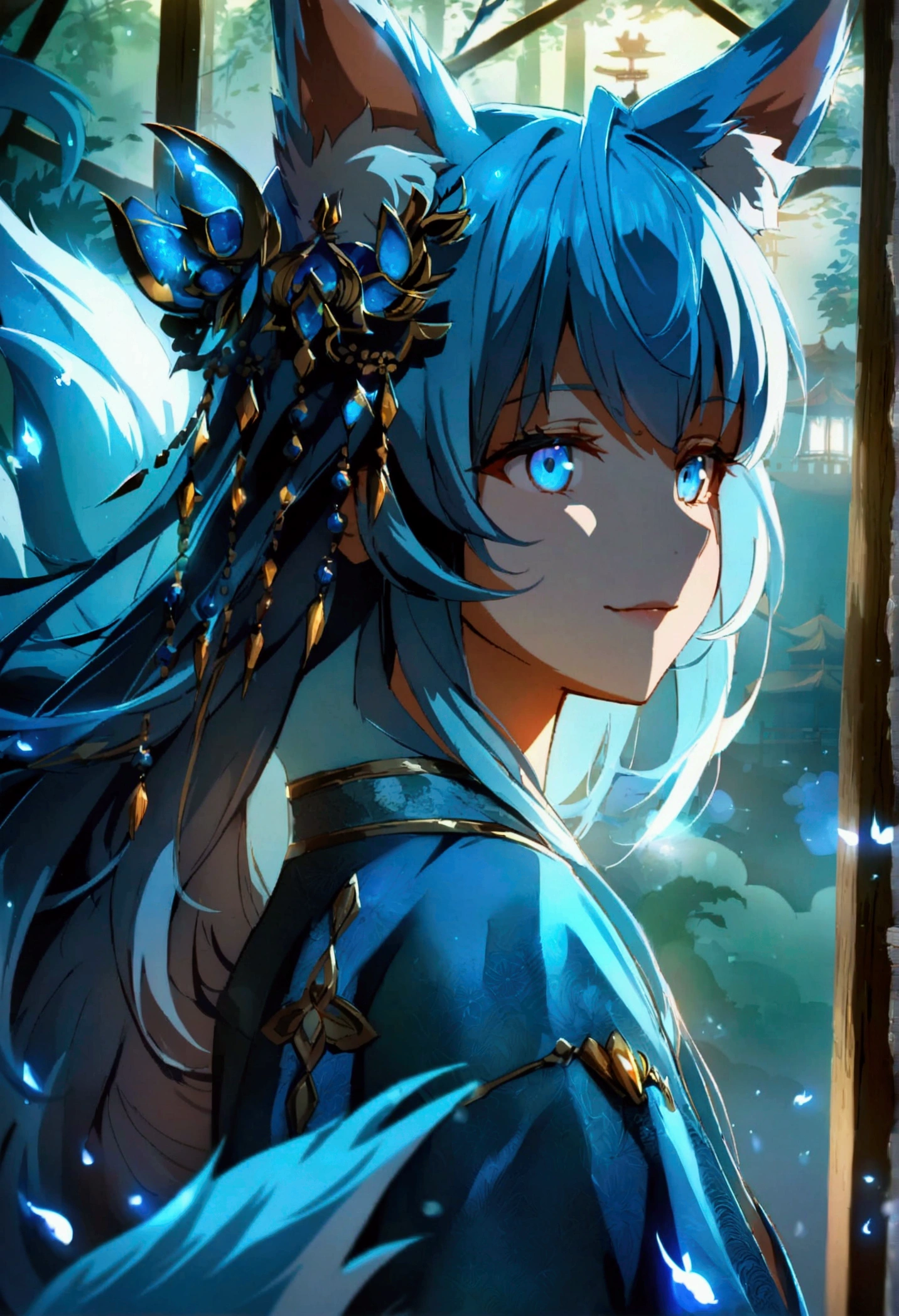 fox Light blue hair beast Girls Indigo fur fox beast Girls fox Light blue hair beast Girls Indigo fur fox beast Girls Wallpaper 4k,8K,Very detailed,Vibrant colors,water glow,Black silhouette of a pagoda,Faint moonlight,Dense forest,Ethereal atmosphere,Dappled sunlight,excellent,Calm expression,Exquisite Hanfu and belt,Exquisite hand-painted details,Glowing eyes Anime style fox blue White-faced golden-haired nine-tailed fox Coat blue Mysterious Background Blue flame Girls There is a ball of light Anime style fox blue White-faced golden-haired nine-tailed fox Coat blue Mysterious Background Blue flame Girls There is a ball of light