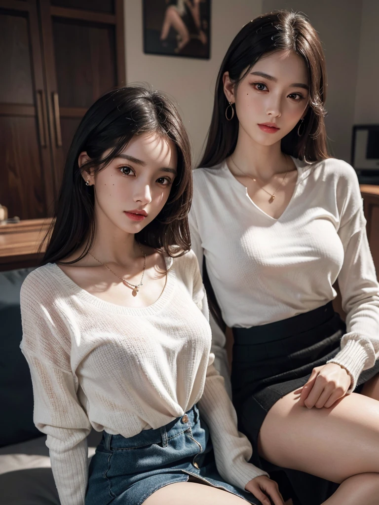 absurdres, RAW photo, extremely delicate and beautiful, masterpiece, Best Quality, ultra high resolution, 32k, hyperrealistic, ultra-detailed, perfect anatomy, anatomically correct, perfect figure, Perfect Style, Perfect balance, super Detailed skin, in her 20s, very Slim body, narrow waist, very small head, very small face, delicate facial features, handsome detailed woman, very detailed eyes and face, realistic face proportions, Realistic beautiful face, Realistic beautiful eyes, tearful mole, earring, very huge round breasts, whole body shot, whole legs, medium hair, asymmetrical hair, indoor, stockings, high heels, necklace, knitted shirt, skirt, tie,