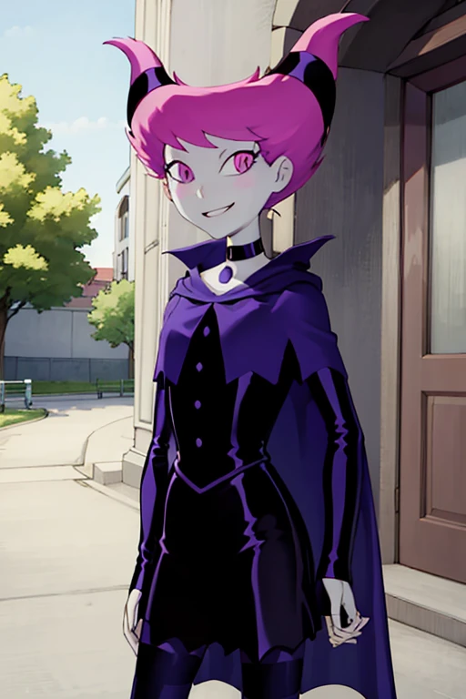 ((masterpiece,best quality)), absurdres, Jinx_TeenTitans,   1girl, solo, pink eyes, pink hair, grey skin, hair up, pale skin, medium hair, hair horns, choker, striped pantyhose, cape, black dress, jewelry,  solo, smiling, looking at viewer, cowboy shot,