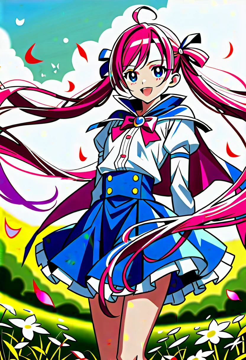 score_9, score_8_superior, score_7_superior, evaluation_Explicit, Highest quality, masterpiece, Uncensored Source_anime, Official Art, Official Style, anime screencap, anime coloring, Megami Magazine, (AI-generated:0.5),
Break Cure Sky,
brooch, Multicolored clothing, Blue Skirt, Pink ribbon, Puffy sleeves, Exposing shoulders, Cape, White fingerless gloves,
Multicolored Hair, Blue Hair, Pink Hair, blue eyes, Twin tails, Very long hair, Flat Chest Break Solo, Portraiture:1.2,
Are standing, I had already finished, Put your arms behind your back, Wind, Floating Hair,
A light smile, blush, Open your mouth, View your viewers:1.2,
(Outdoor, Flower Field, sunny, petal, Day, Lens flare, Beautiful background)